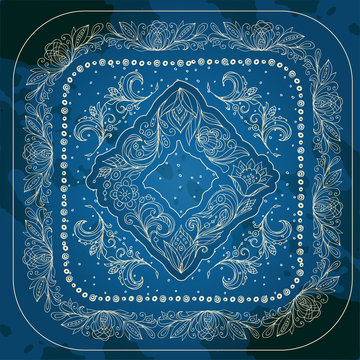 Swirls and flowers. Bandana print with design for silk neck scarf.Vector pattern in the square. beige ornament  on blue background