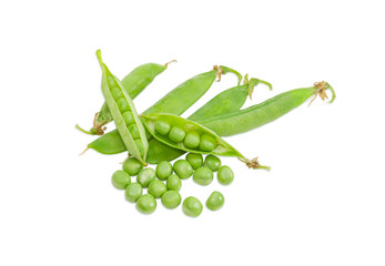 Several green peas and several pods of peas