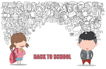 Schoolgirl and Schoolboy pupils back of school background, drawi