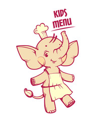 Cartoon elephant cook in vector. Animal chef for kids menu. Cute character for children's food, products, cafe, logo.