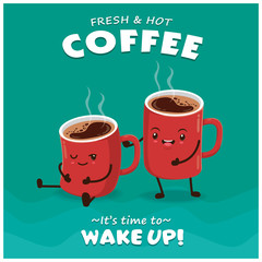 Vintage Coffee poster design with vector coffee character. 