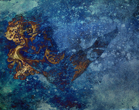 abtract background with ocean mermaid drawing and blue spotted pattern.