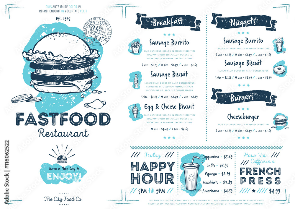 Wall mural restaurant fast food cafe menu template flyer vintage design vector illustration