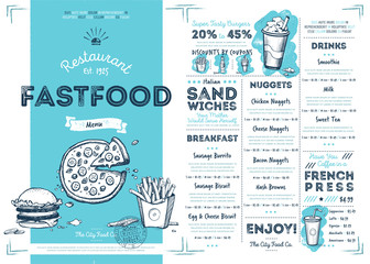 Restaurant fast food cafe menu template flyer vintage design vector illustration - obrazy, fototapety, plakaty