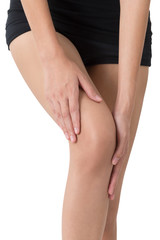 Asian woman holding her knee with massaging in pain area, Isolated on white background.