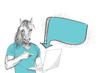 Anthropomorphic hourse man pointing at laptop screen against whi