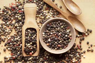 Colorful pepper in bowl and spoon