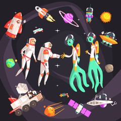 Astronauts Shaking Hands With Extraterrestrial Beings In Space Surrounded By  Travel Related Objects