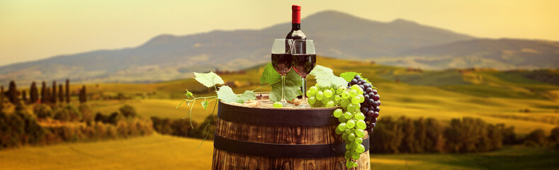 Obraz na płótnie Canvas Red wine with barrel on vineyard in green Tuscany, Italy