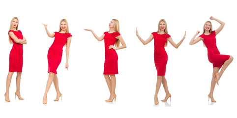 Woman in red dress isolated on white