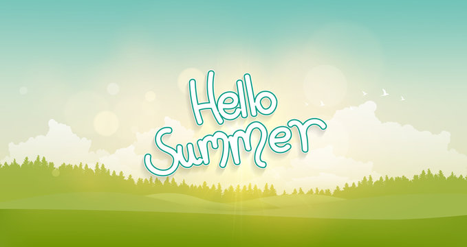 Hello Summer Lettering. Vector Summer Landscape, illustration.

