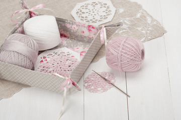 Thread Bobbins in a Handmade Tray. Natural Linen Napkin with Cro