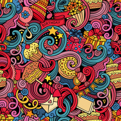 Cartoon hand-drawn doodles birthday theme seamless pattern