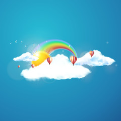 Vector illustration of cool single weather icon - sun with cloud floats in the sky
