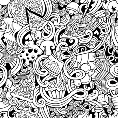 Cartoon hand-drawn doodles of italian cuisine seamless pattern