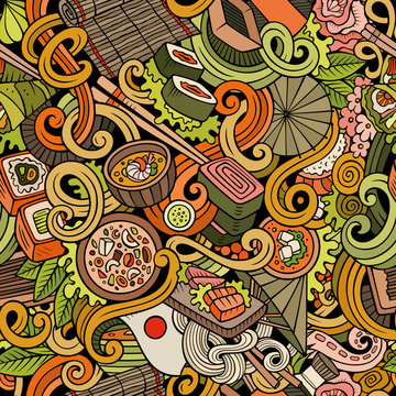 Cartoon hand-drawn doodles of japanese cuisine seamless pattern