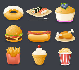 Retro Realistic Cartoon Fast Food Icons and Symbols Template Set Vector Illustration