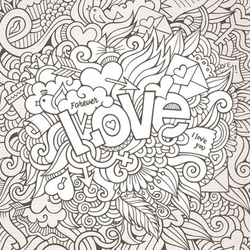Love hand lettering and doodles elements sketch background