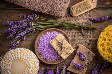 Obraz na płótnie Canvas Natural soap, lavender and salt