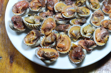 steamed cockle shell out on plate