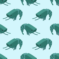 Shrimp isometric seamless pattern. Marine plankton ornament. Ani