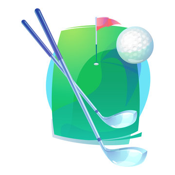 Golf clubs and flying ball over field with flag