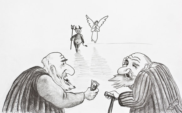 Pencil drawing. Two old people rely on the devil or angel