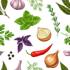 Seamless pattern with various herbs and spices