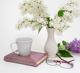cup of coffee, white lilac
