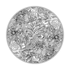 Round coloring book page design for adults.