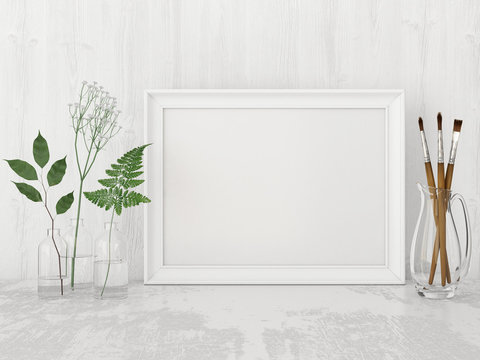 Horizontal interior poster mock up with empty frame, artistic brushes and plants in bottles on white wall background. 3D rendering.