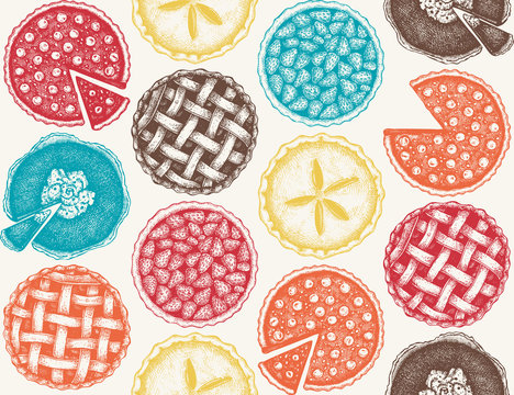 Vector Background With Ink Hand Drawn Fruit And Berry Baking Illustration. Vintage Seamless Pattern With Traditional Cake, Tart And Pie Sketch. Sweet Bakery. Top View.