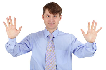 Young man shows gesture of hands - stop