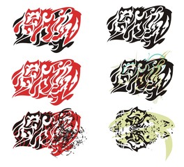 Running fox symbols in tribal style. Flaming red fox and grunge fox symbols