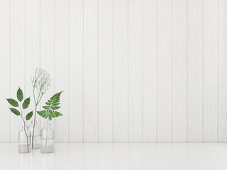 Green plants in the bottles on wooden white wall background. 3D rendering.