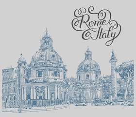 Obraz premium original digital drawing of Rome Italy cityscape with lettering 