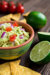 Traditional avocado guacamole with tortilla chips