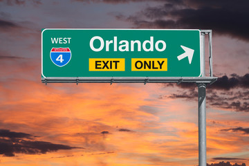 Orlando Florida Exit Only Freeway Sign with Sunrise Sky