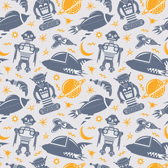 Vector seamless pattern with robots, spaceships and planets