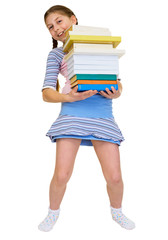 Ыchoolgirl has large stack of textbooks
