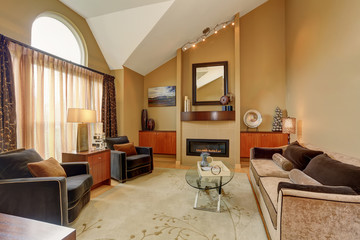Beautiful brown and beige living room with vaulted ceiling.