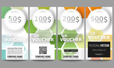 Set of gift voucher templates. Abstract colorful business background, modern stylish hexagonal vector texture