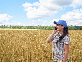 Naklejka na ściany i meble Young pretty farmer girl standing in yellow wheat field and talk