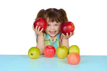 Fototapeta na wymiar Funny child playing with two red apples