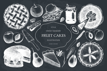 Fototapeta na wymiar Vector set of ink hand drawn fruit desserts. Traditional cake, tart and pie sketch collection. Decorative harvest illustration on chalkboard. Sweet bakery. Top view.