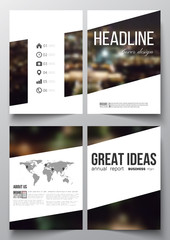 Set of business templates for brochure, magazine, flyer, booklet or annual report. Dark background, blurred image, night city landscape, Paris cityscape, modern vector template