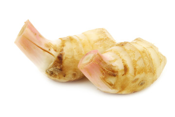 pieces of galangal herb (Siamese ginger) on a white background