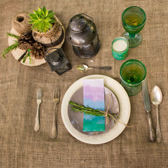 Rustic table served. Vintage style. Toned and noise image