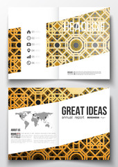 Set of business templates for brochure, magazine, flyer, booklet or annual report. Islamic gold pattern with overlapping geometric square shapes forming abstract ornament. Vector stylish golden