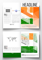 Set of business templates for brochure, magazine, flyer, booklet or annual report. Happy Indian Independence Day celebration background with Ashoka wheel and national flag colors, vector illustration.